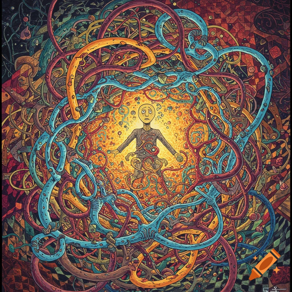 A figure surrounded by swirling colorful tendrils and abstract shapes.