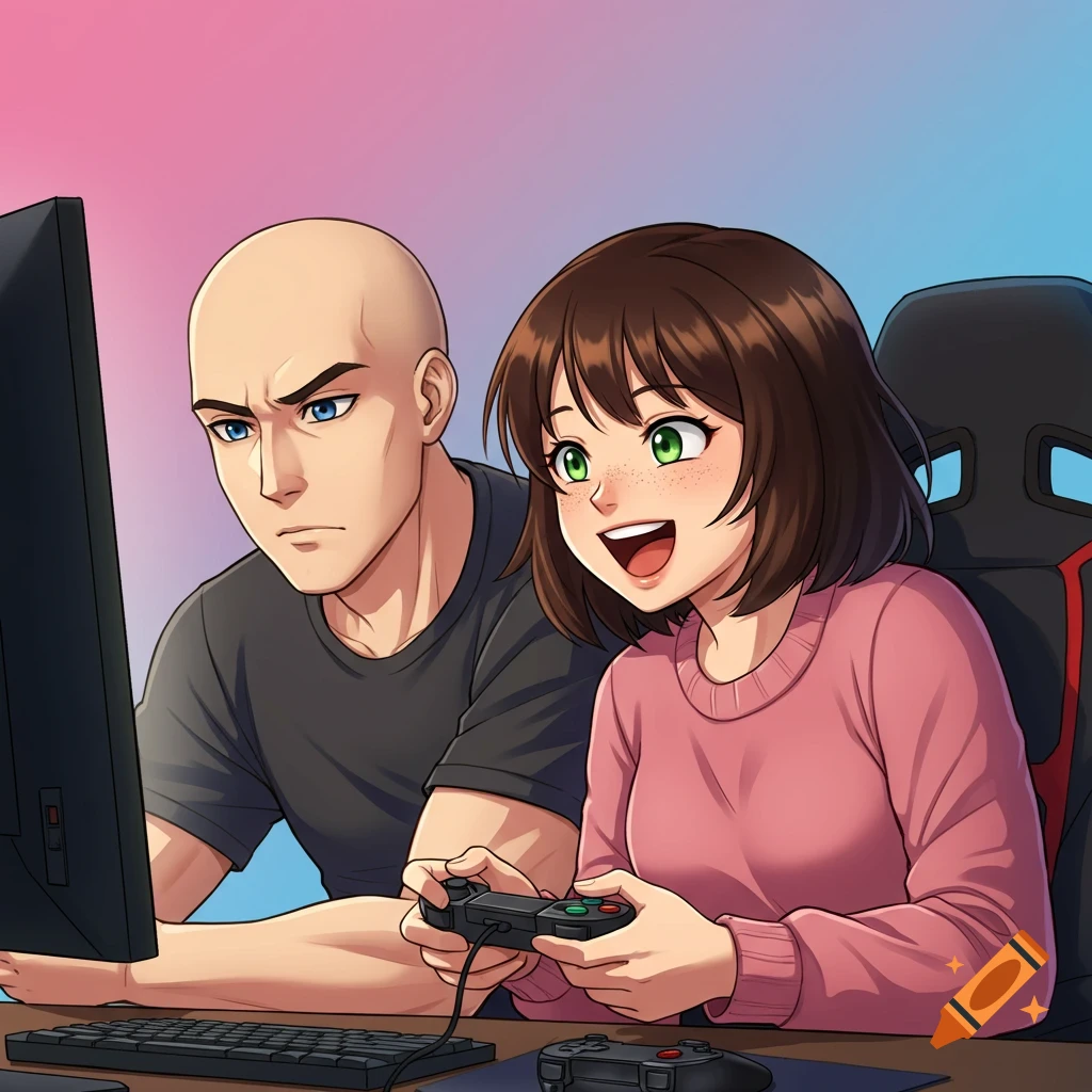 Anime-style couple playing a video game together.
