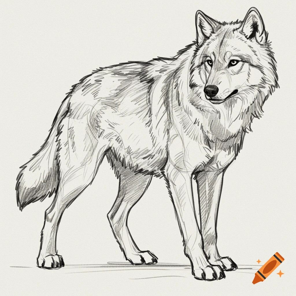 A charcoal sketch of a wolf standing.