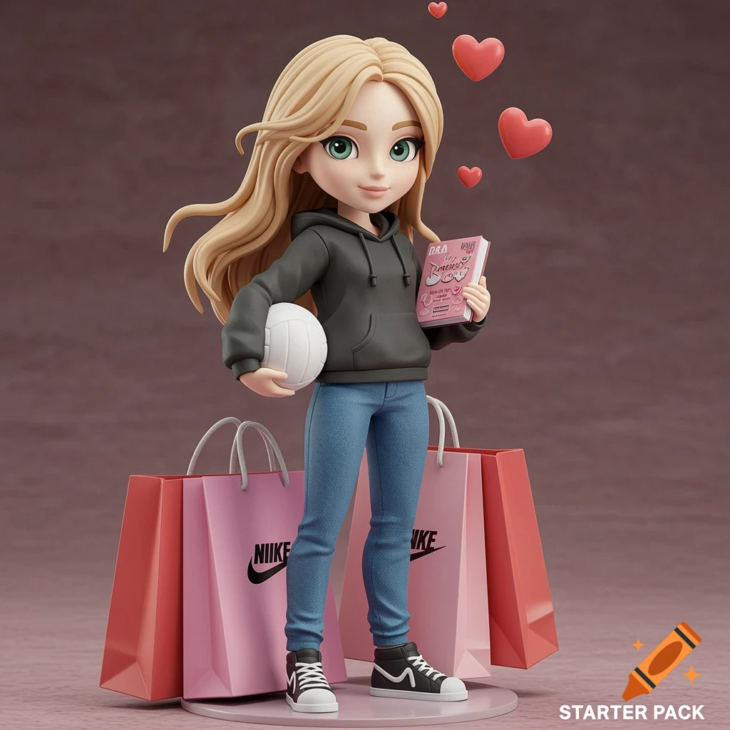 A cute cartoon figurine of a girl with long blonde hair, holding a volleyball and a pink book, standing next to shopping bags with hearts floating around her.