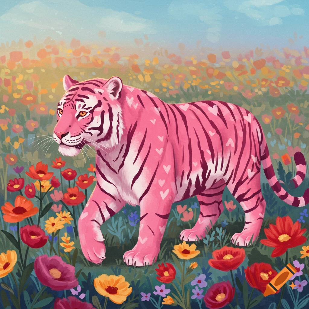 Pink tiger with heart patterns in a field of flowers on Craiyon