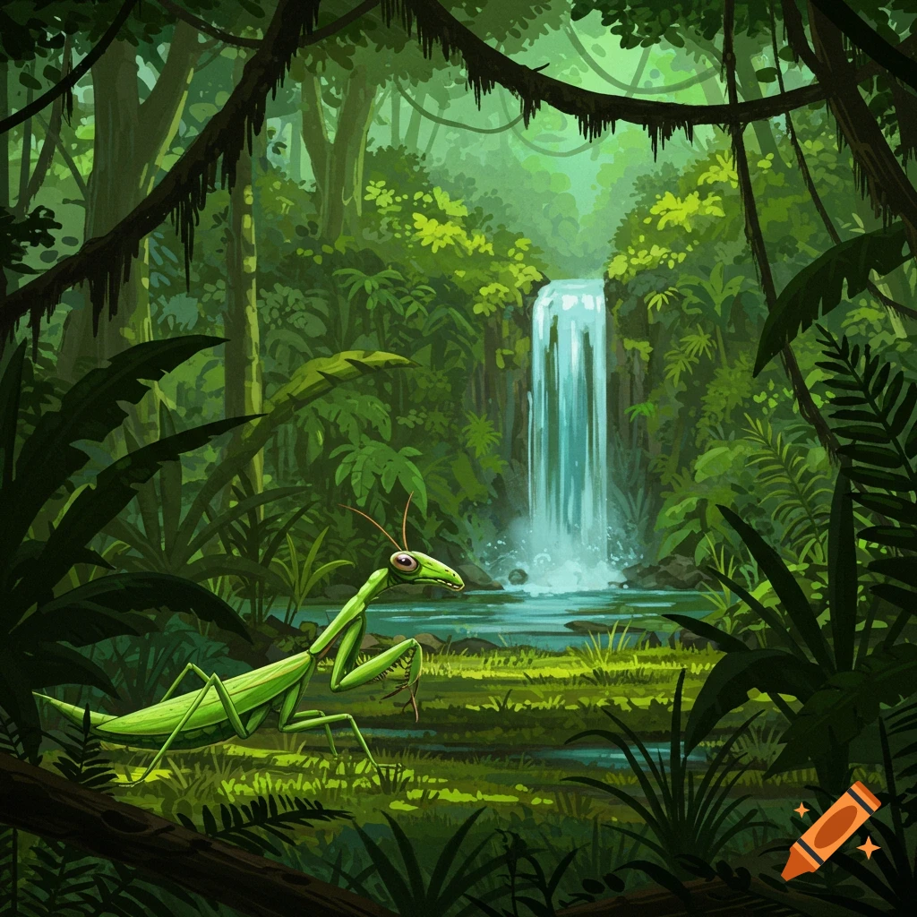 A green praying mantis stands in a lush rainforest with a waterfall.
