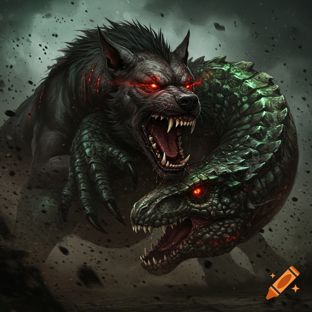 A monstrous dog-like creature battling a reptilian creature.