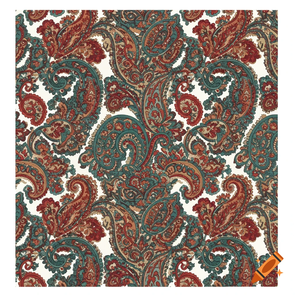 A repeating paisley pattern in red, teal, and brown.