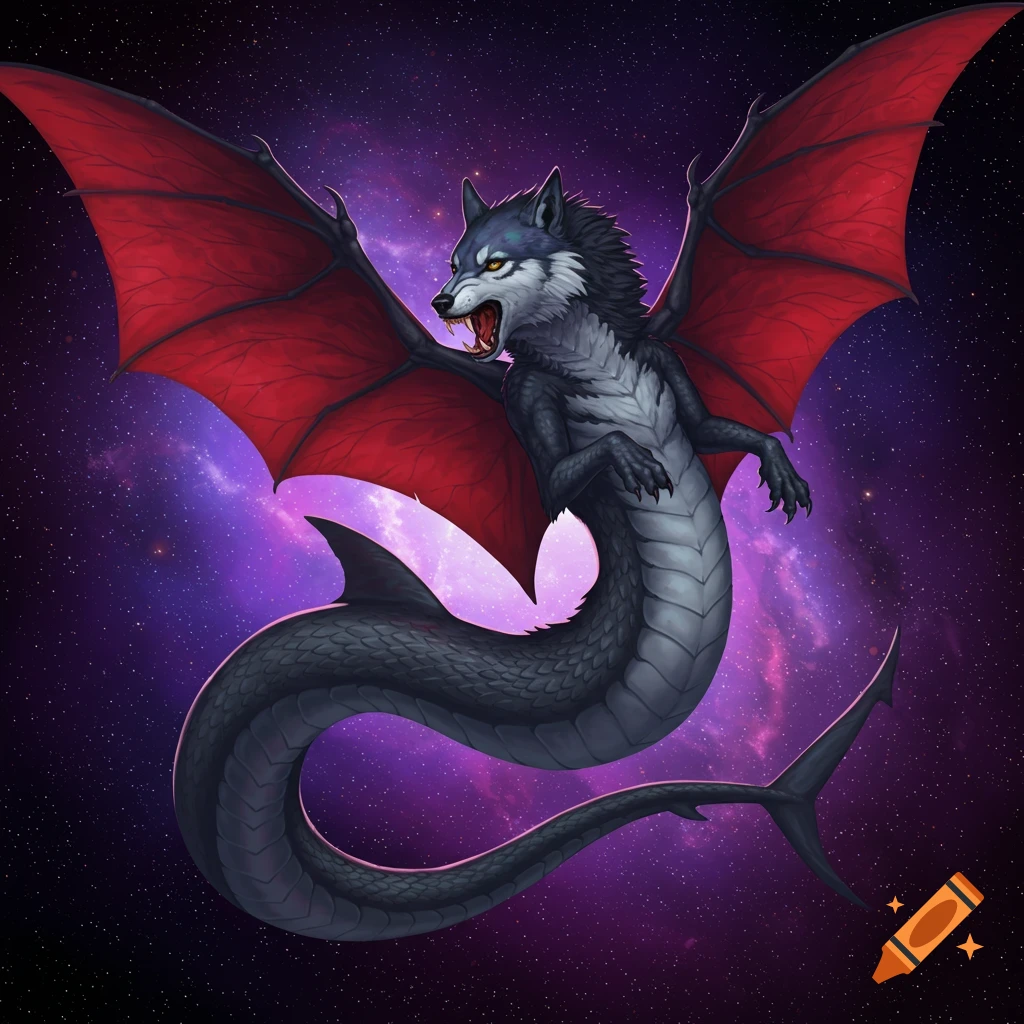 A hybrid creature with a wolf head, bat wings, and a snake/shark body floats in space.