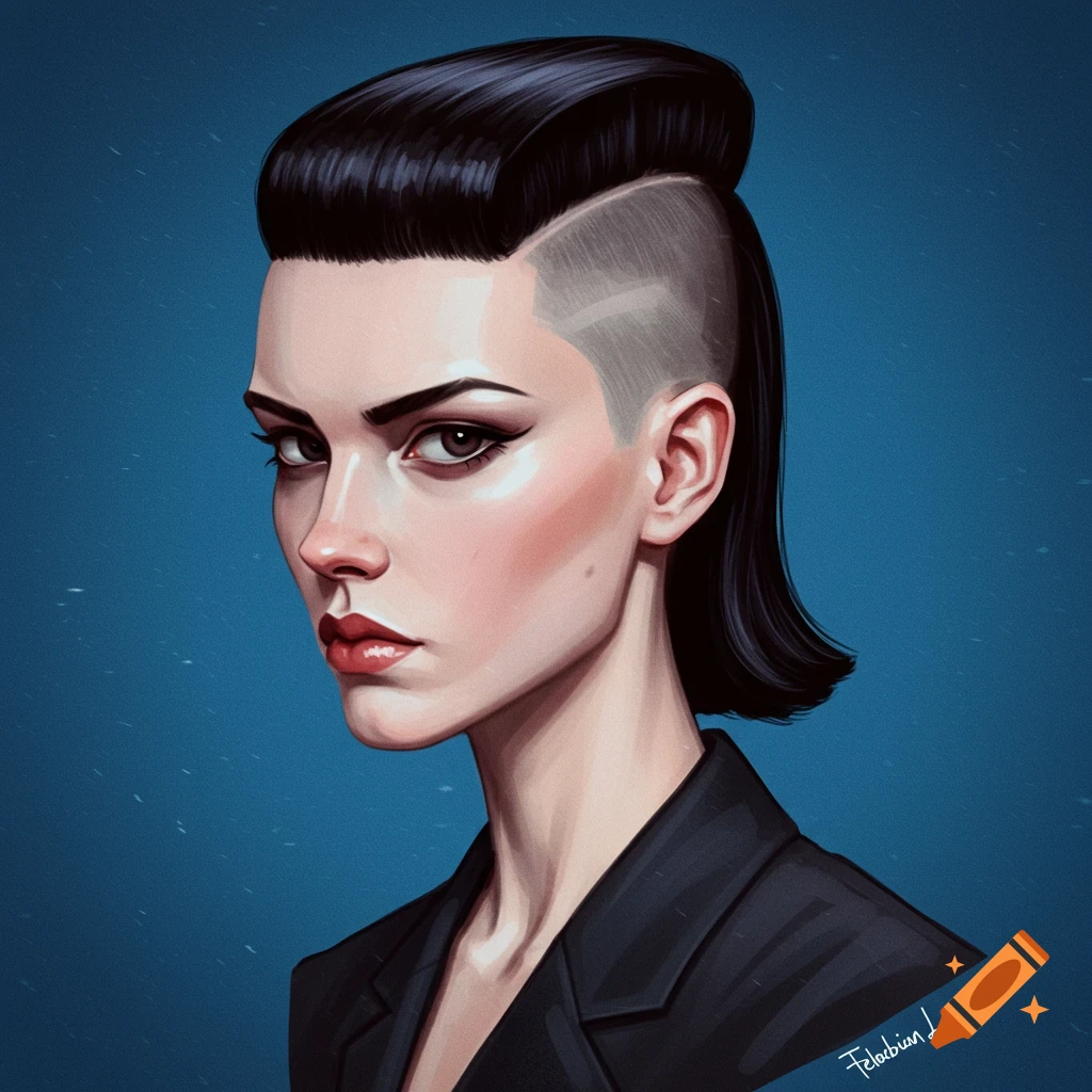 Portrait of a woman with a flattop haircut wearing a black jacket against a blue background.
