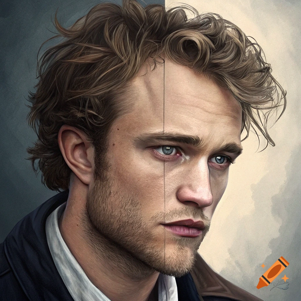 Detailed digital art portrait of a man's face, blending features of Robert Pattinson and Heath Ledger.