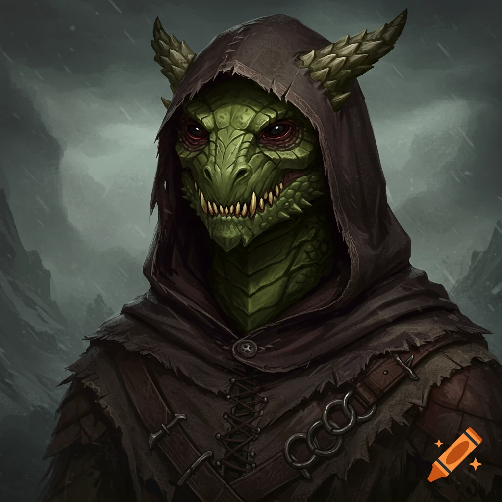 A green dragonborn in a dark hood and ragged clothes.