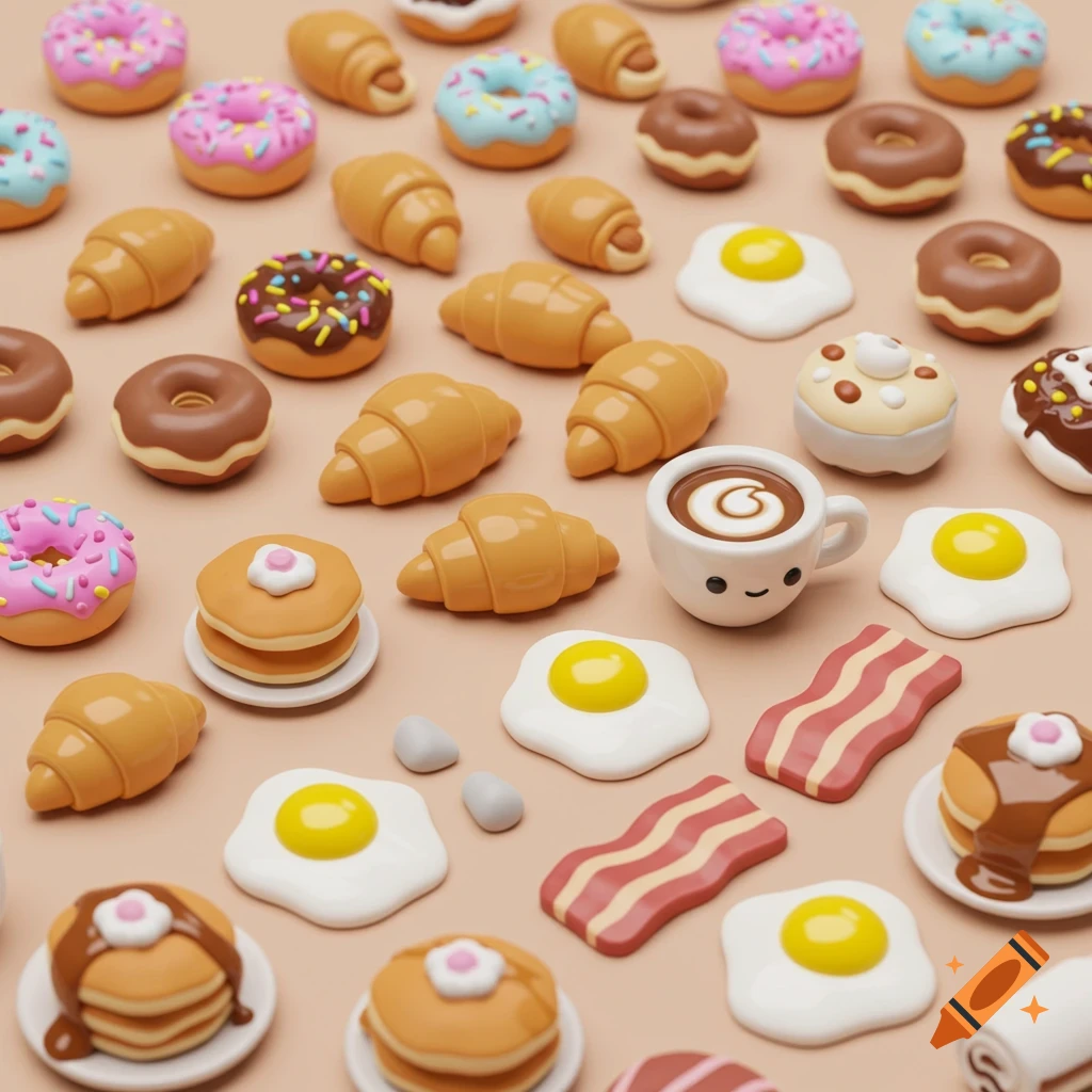 A close-up of cute 3D rendered breakfast items including donuts, croissants, pancakes, and eggs arranged on a surface.