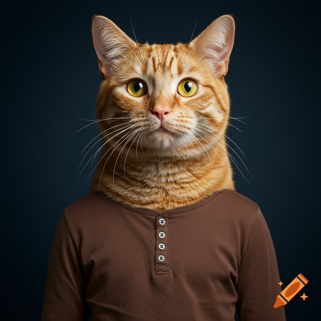Photorealistic portrait of an orange cat head on a person wearing a brown shirt against a dark background.