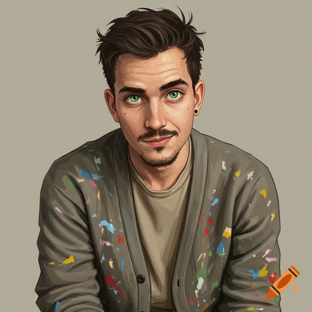 A young man with bright green eyes, mustache, and goatee, wearing a paint-splattered cardigan.