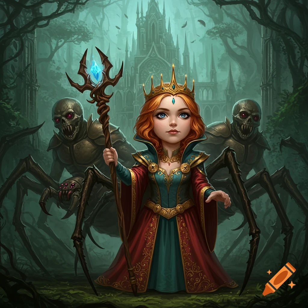 A petite queen with red hair holds a staff, standing before two spider-like creatures and a dark castle in a forest.
