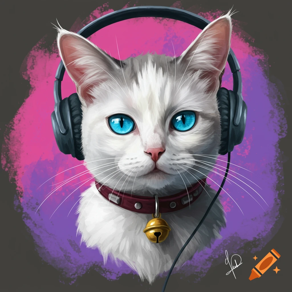 A white cat with blue eyes wearing headphones and a bell collar.