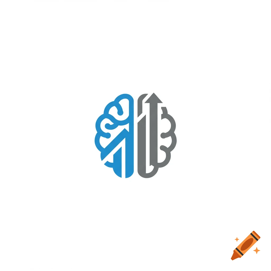 Abstract logo design combining a stylized blue brain shape with grey upward arrows.