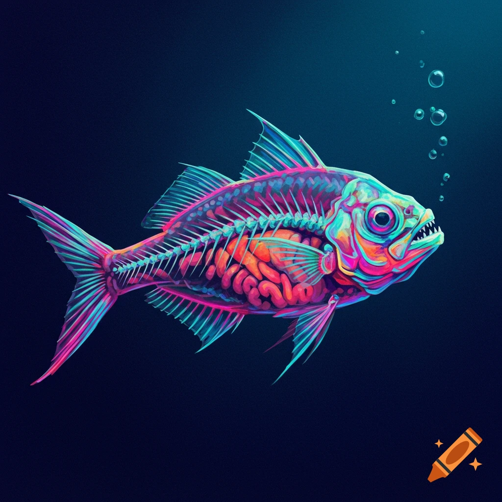 A stylized fish with visible skeleton and organs rendered in vibrant neon colors.
