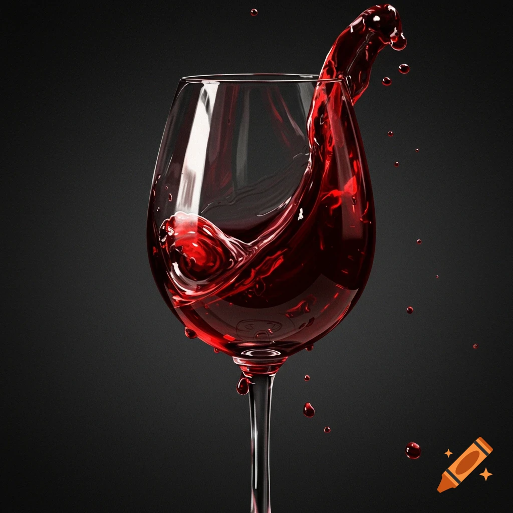 A wine glass filled with red wine, shown with wine splashing dramatically over the rim against a dark background.