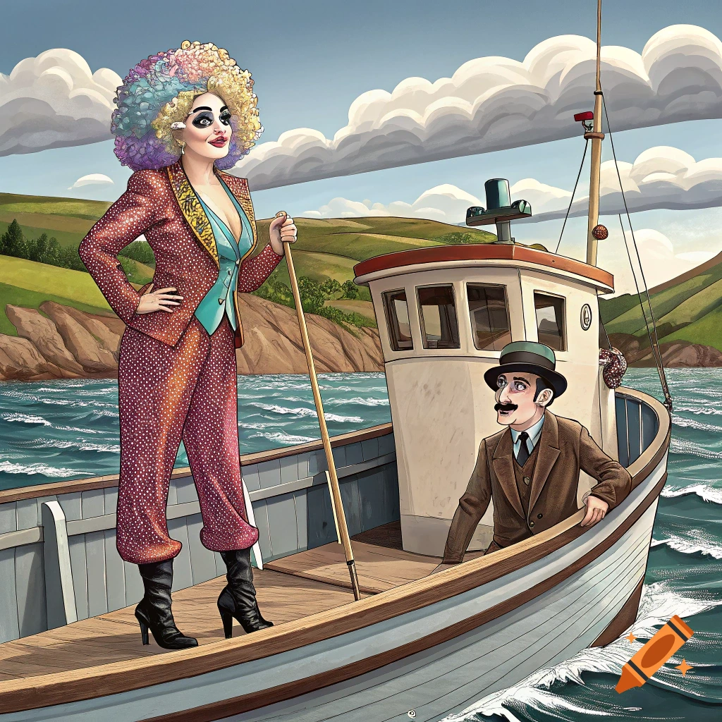 An illustration of a drag queen and a man resembling Charlie Chaplin on a fishing boat near a hilly coast.
