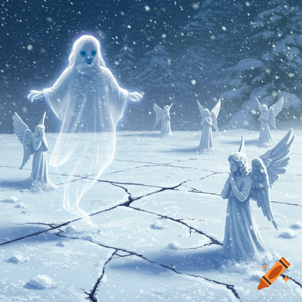 A spectral ghost hovers over cracked snow, surrounded by stone angel statues in a winter landscape.
