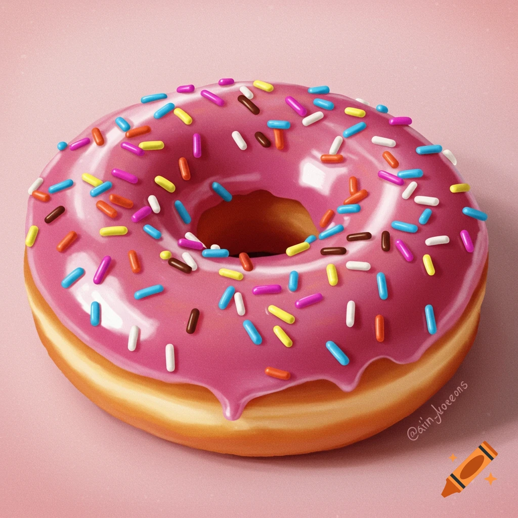 A donut with pink icing and colorful sprinkles.