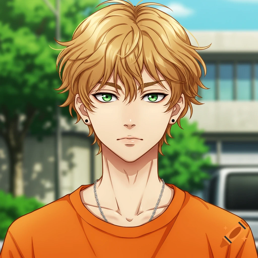 An anime-style portrait of a young man with blonde hair and green eyes wearing an orange shirt and silver necklace.