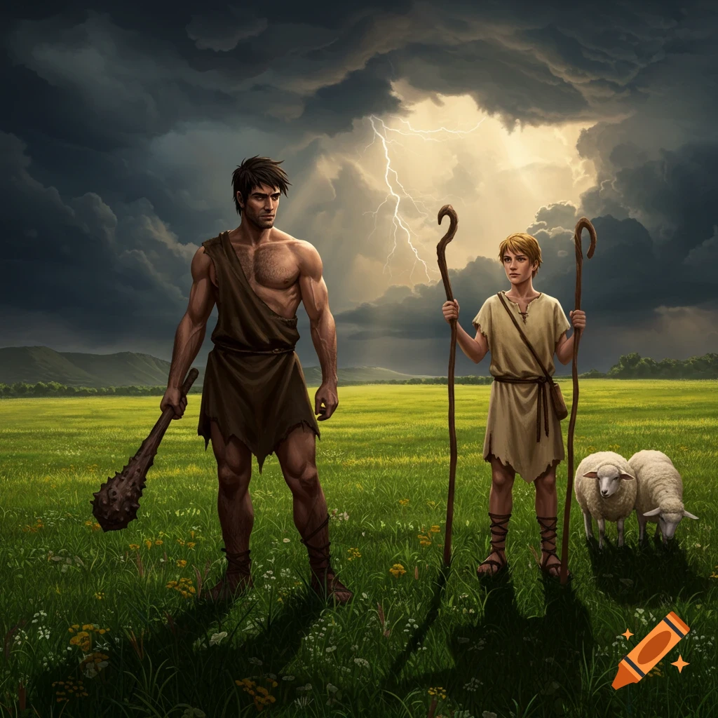 Two men, one with a club and one with a staff, standing in a field with sheep during a storm.