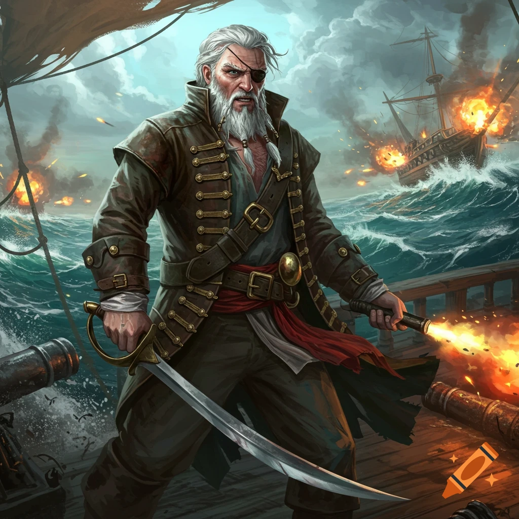 White-haired pirate captain with a sword during a sea battle.