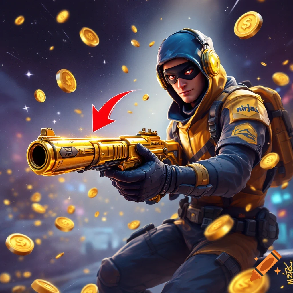 A character resembling a video game ninja holds a golden shotgun while surrounded by falling gold coins in a starry sky.