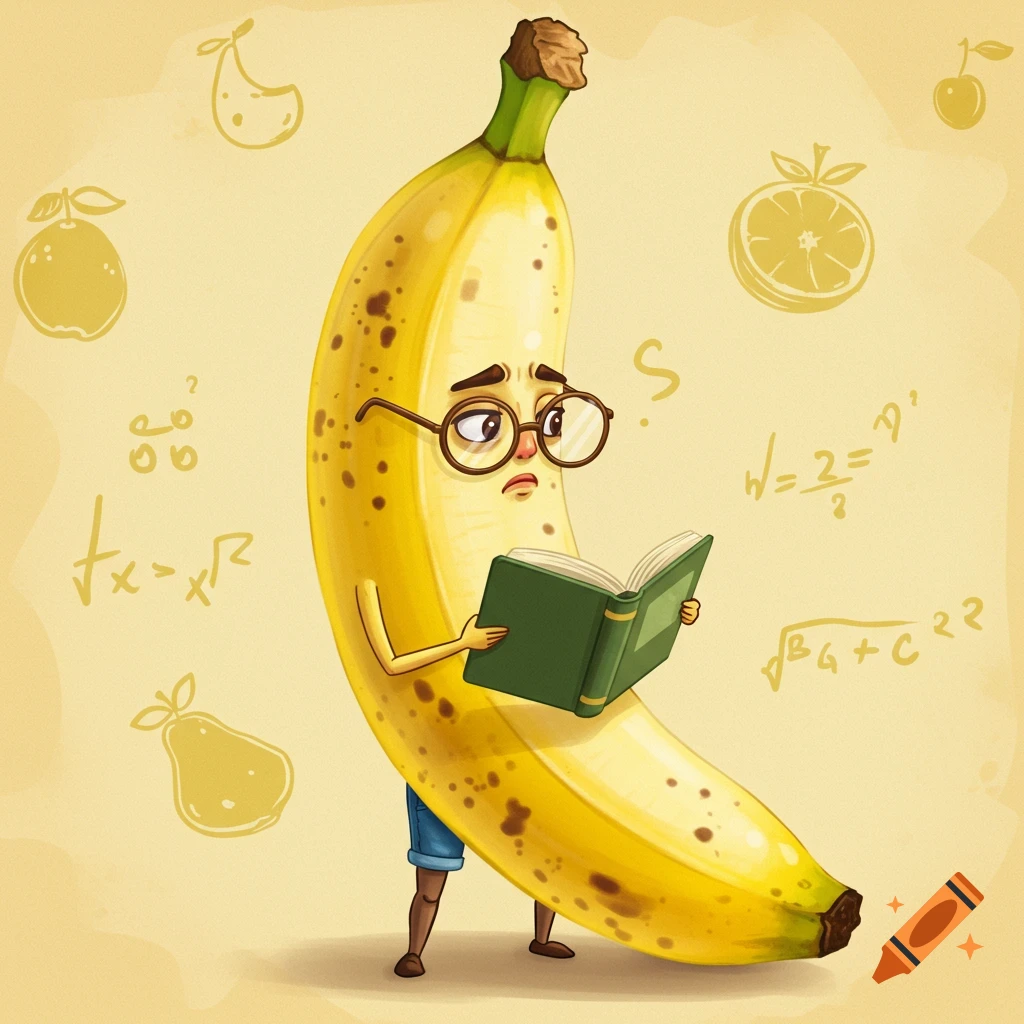 Funny cartoon illustration of a banana character wearing glasses, studying a book amidst mathematical formulas and fruit doodles.