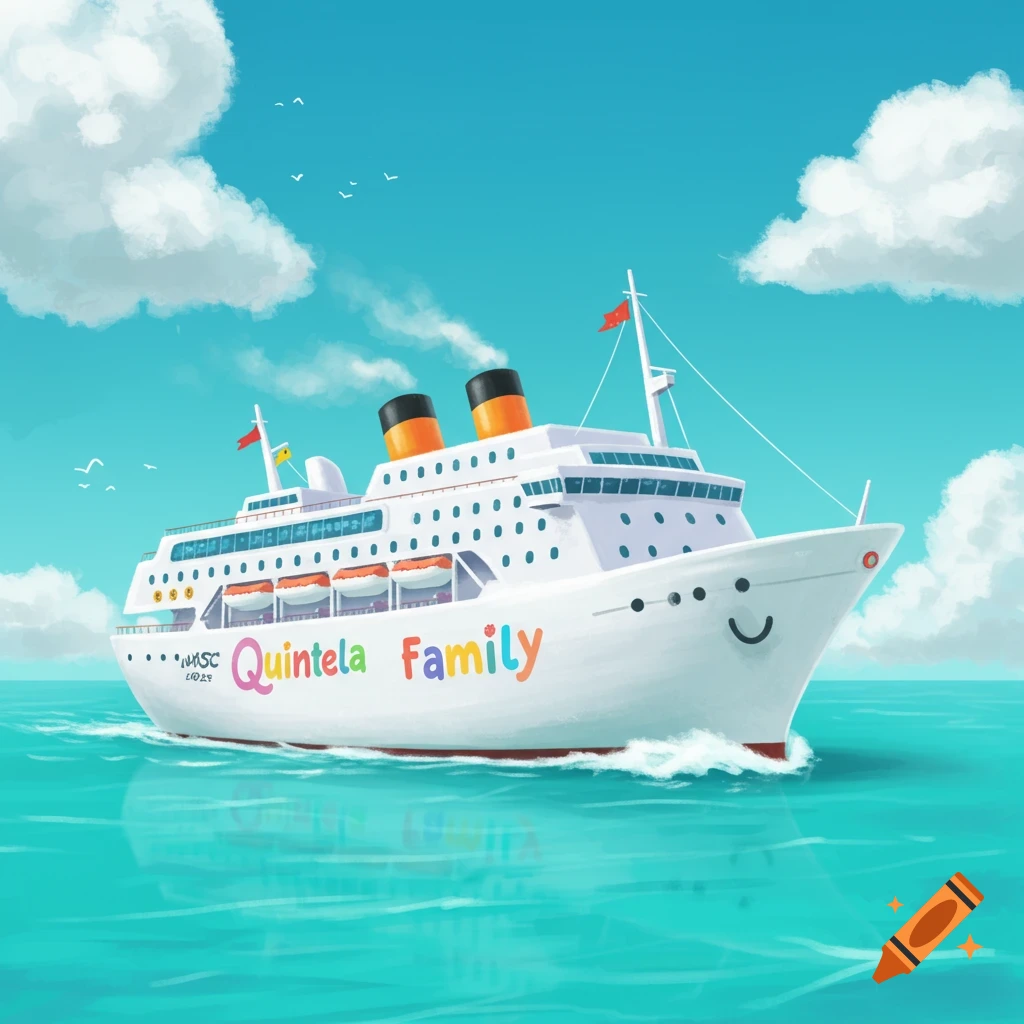 Cartoon illustration of a cute cruise ship with a smiling face sailing on the ocean. Text reads 'Quintela Family MSC 2025'.