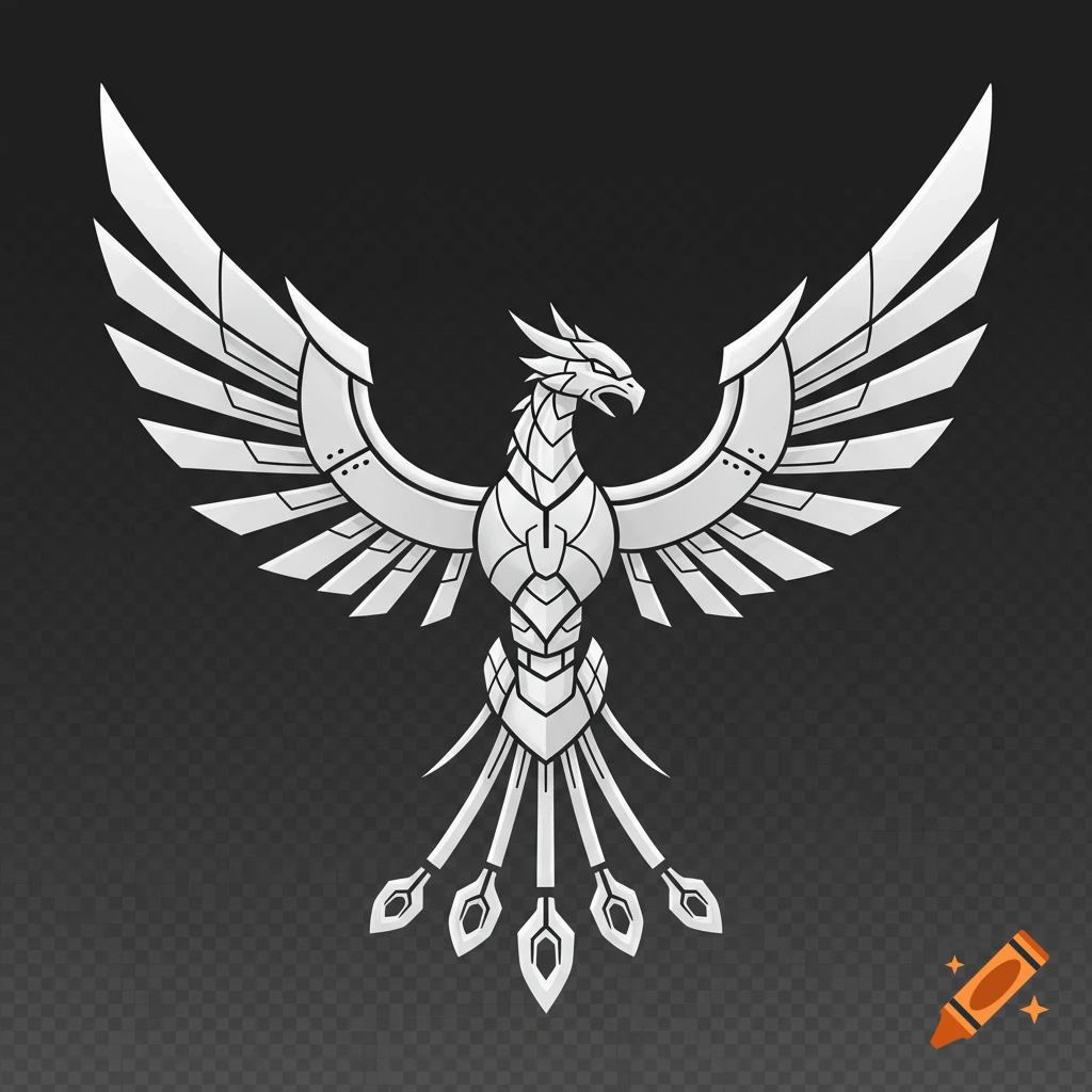 A white robotic phoenix logo with wings spread