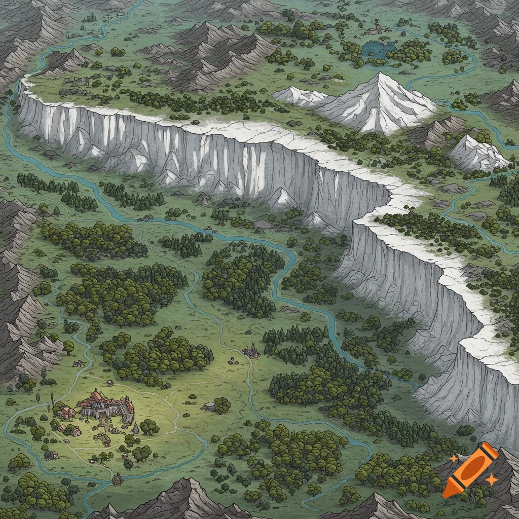 Top-down fantasy map of a settlement near white cliffs, forests, mountains, and rivers.