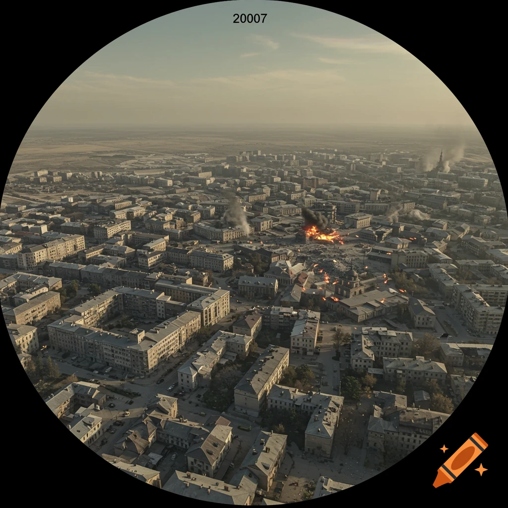 Aerial view of a city under airstrike with explosions and smoke, in the style of retro gun cam footage.