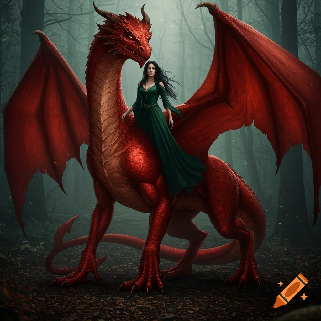 A woman in a green dress rides a large red dragon through a misty forest.