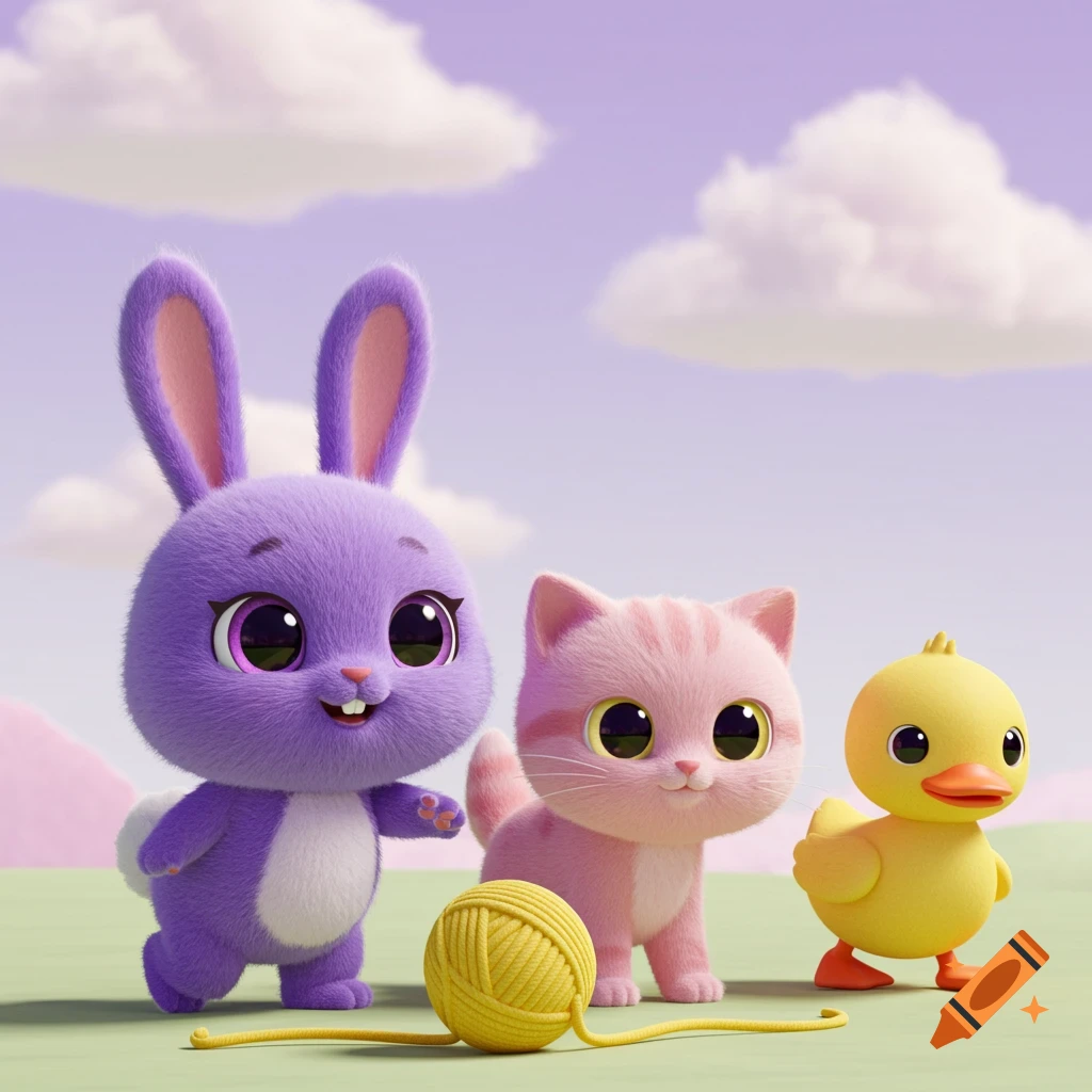 Cute cartoon bunny, kitten, and duckling with a ball of yarn in a grassy field.