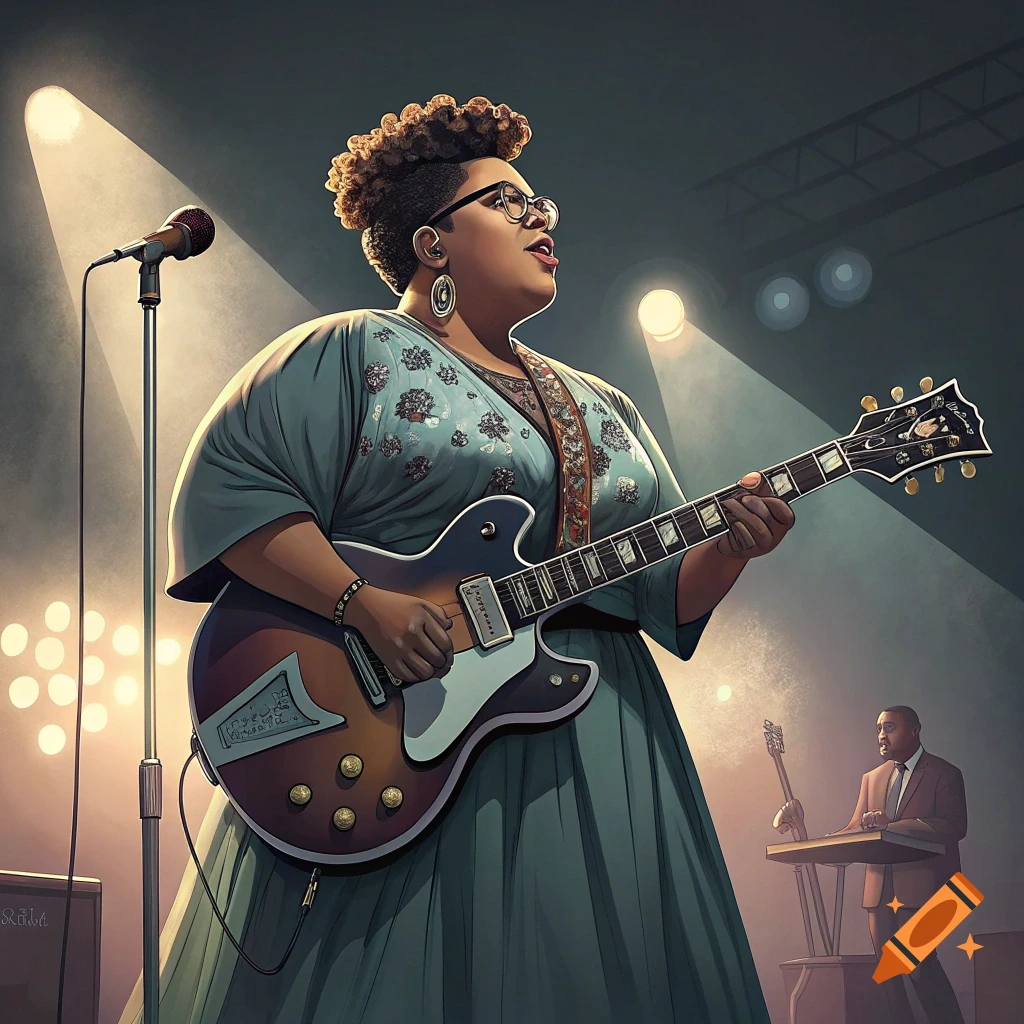 A woman with glasses and curly hair plays guitar on a stage under spotlights.