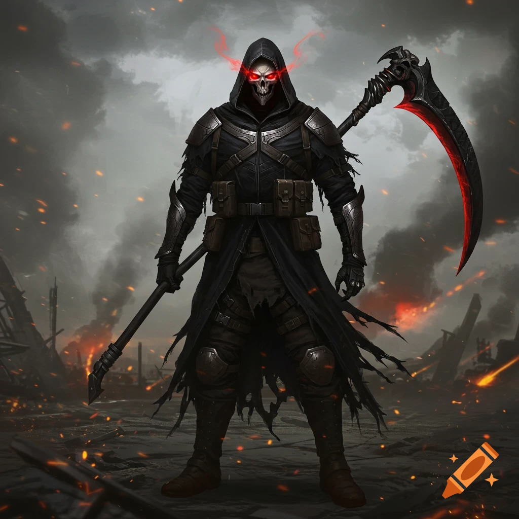 A fantasy character resembling the Grim Reaper stands in a desolate, burning landscape, holding a large scythe.