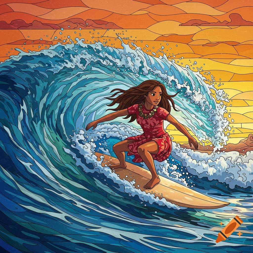 Hawaiian surfer girl rides a wave in a stained glass style.