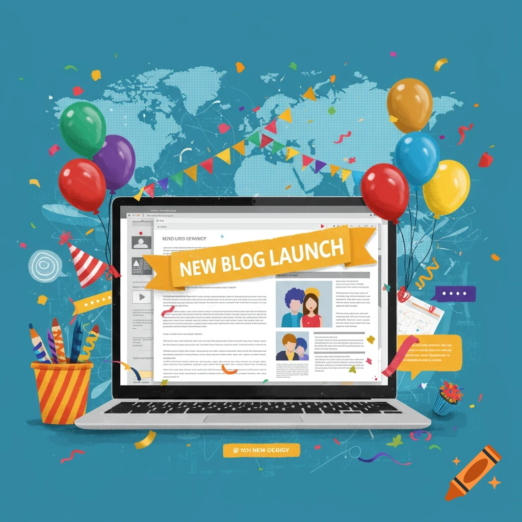 Digital illustration of a laptop screen displaying 'NEW BLOG LAUNCH' banner, surrounded by balloons and confetti on a world map background.