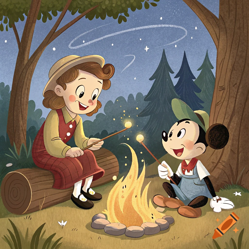A cartoon girl and a cartoon mouse character sit by a campfire roasting marshmallows at night.