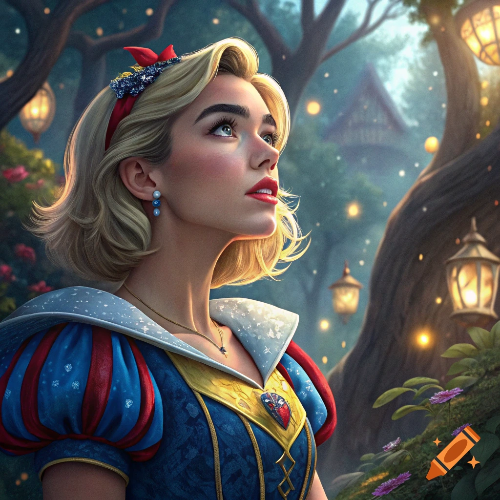 Realistic portrait of a woman resembling Dua Lipa dressed as Snow White in a forest with glowing lights.
