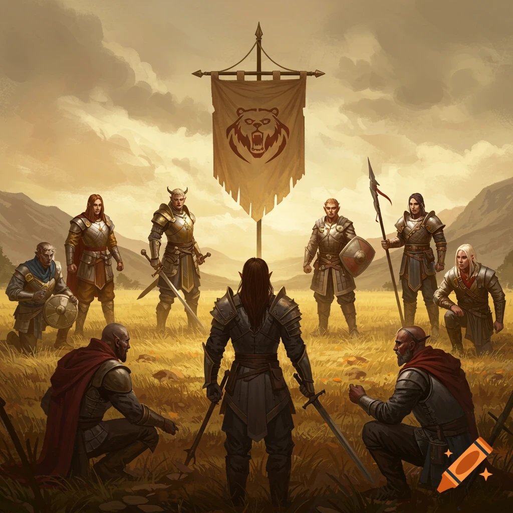 Fantasy warriors in armor gathered around a tournament flag with a bear symbol in a field.