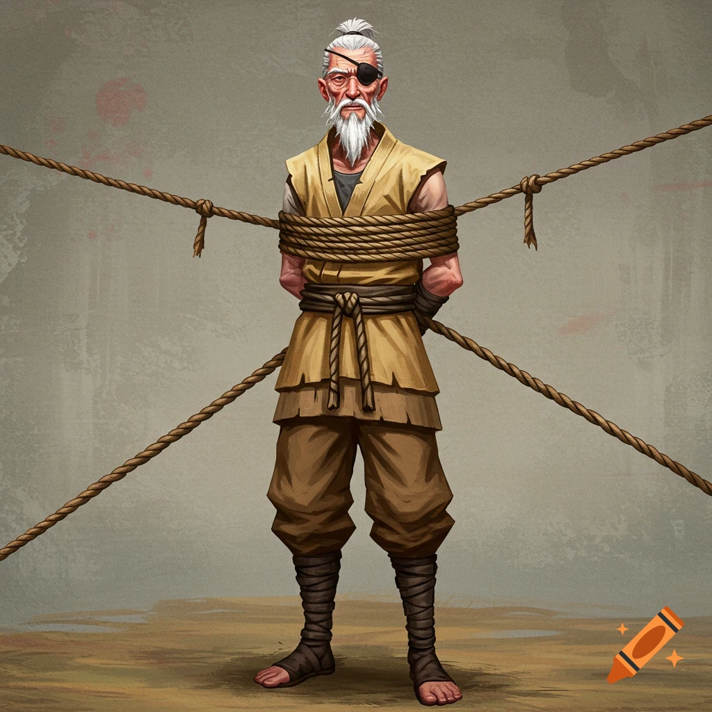 An old man with an eye patch and white beard tied with ropes, wearing sand-colored clothes.