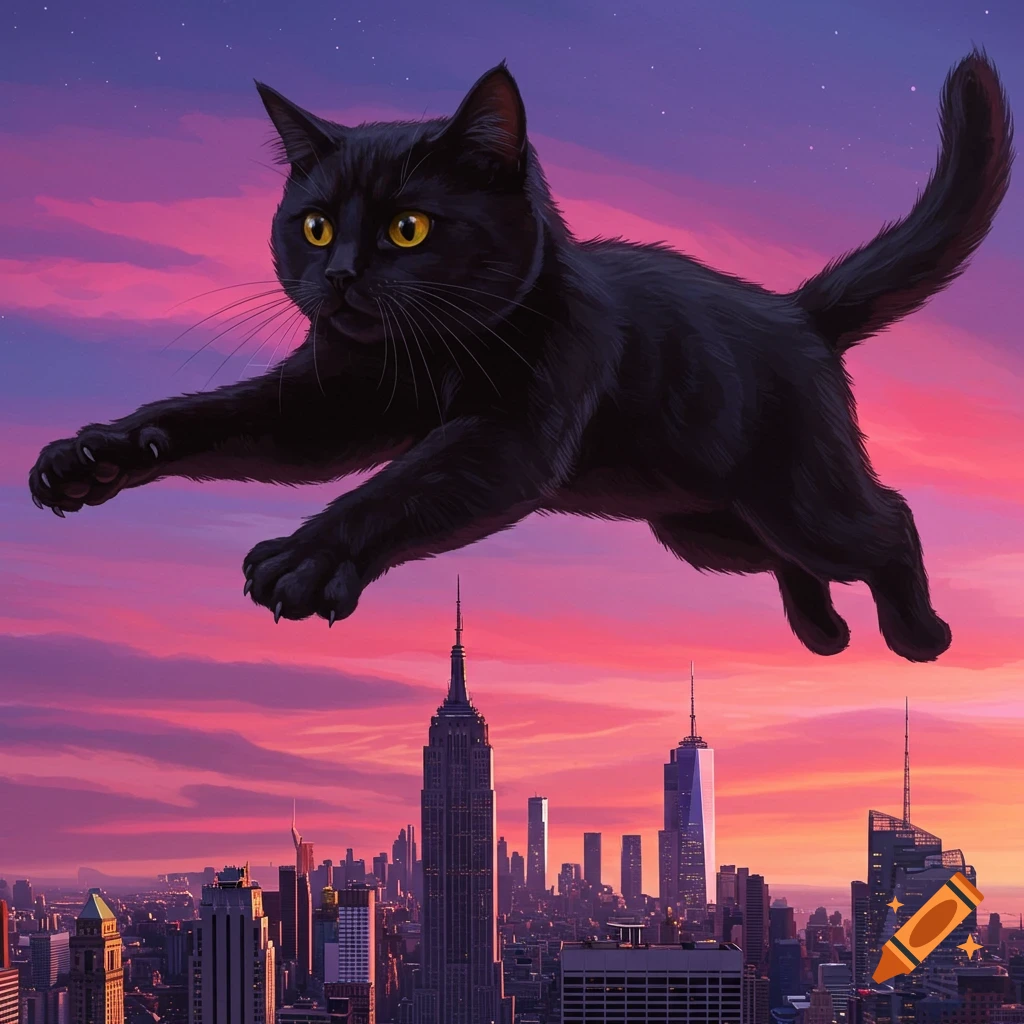 A giant black cat leaps through the air over the Manhattan skyline at sunset.