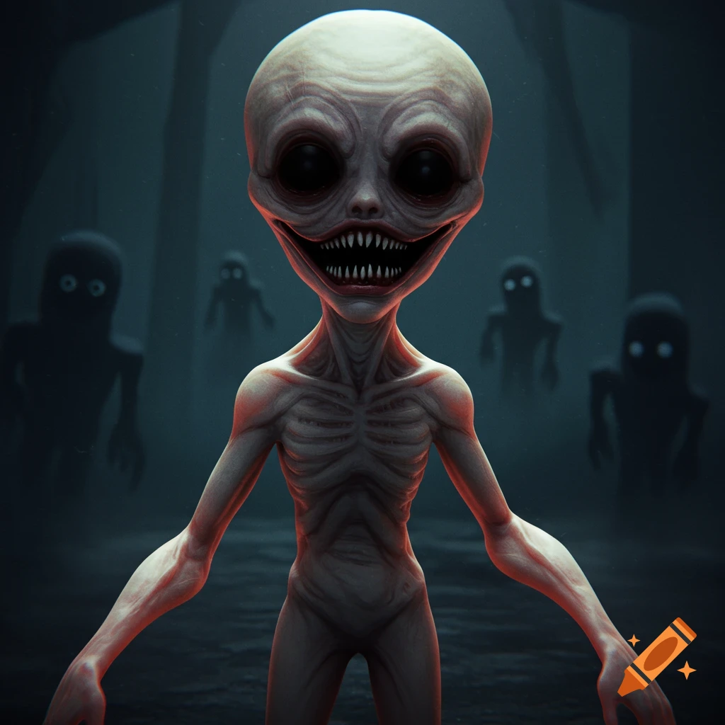 A creepy humanoid creature with sharp teeth and large eyes stands in a dark, misty environment with silhouetted figures behind it.