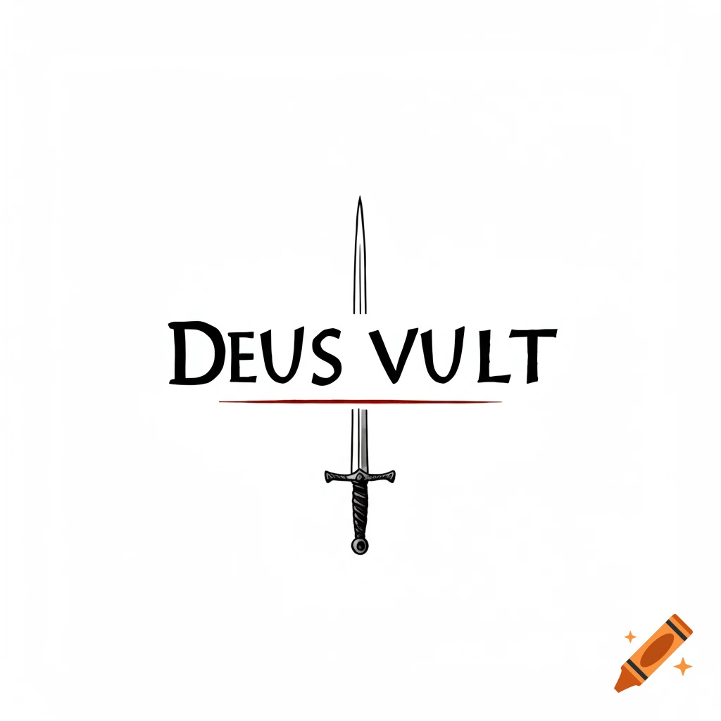 The words DEUS VULT horizontally aligned with a sword graphic.