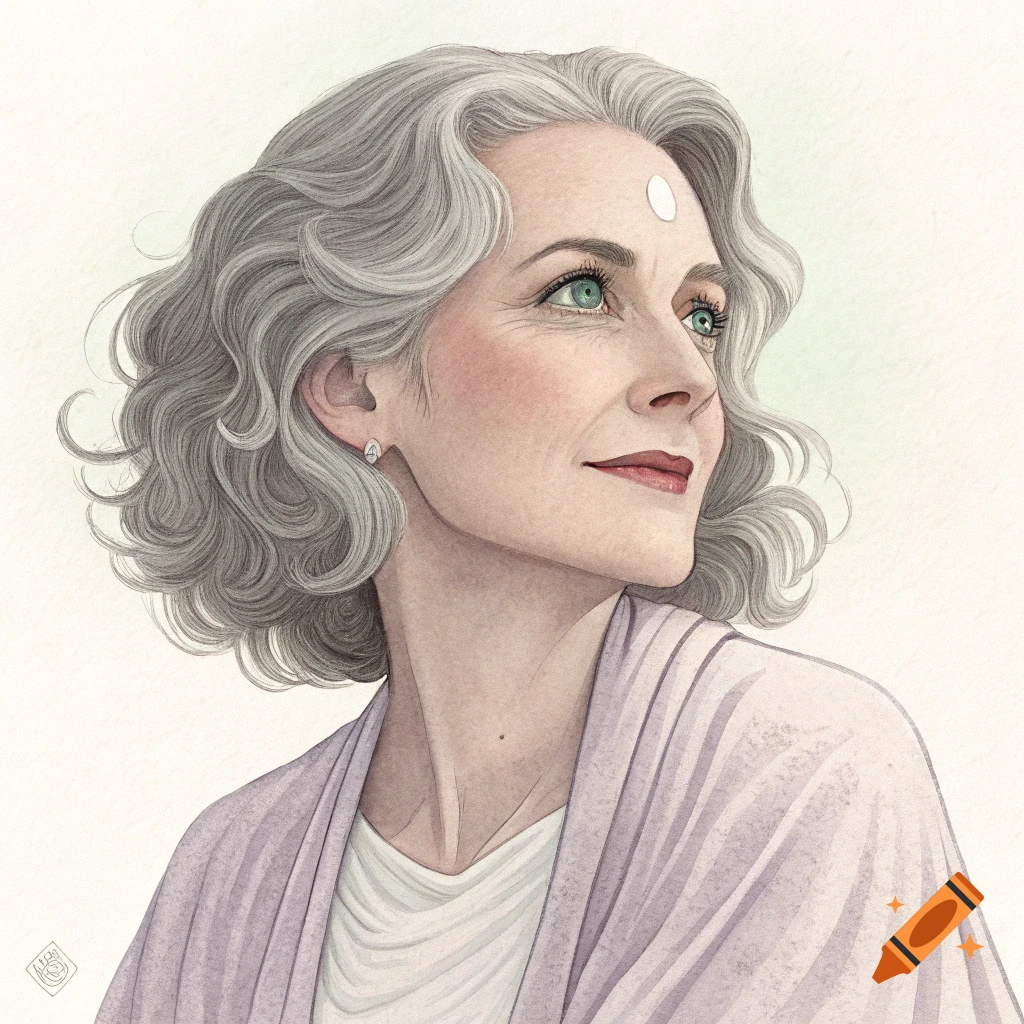 Watercolor portrait of a woman with gray hair and green eyes looking up, wearing a purple shawl.