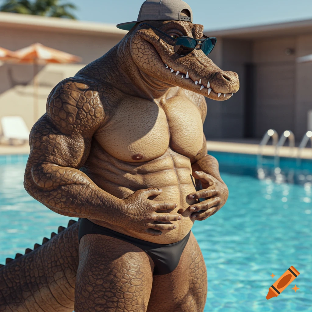 Muscular anthropomorphic crocodile in sunglasses and hat stands by a pool.