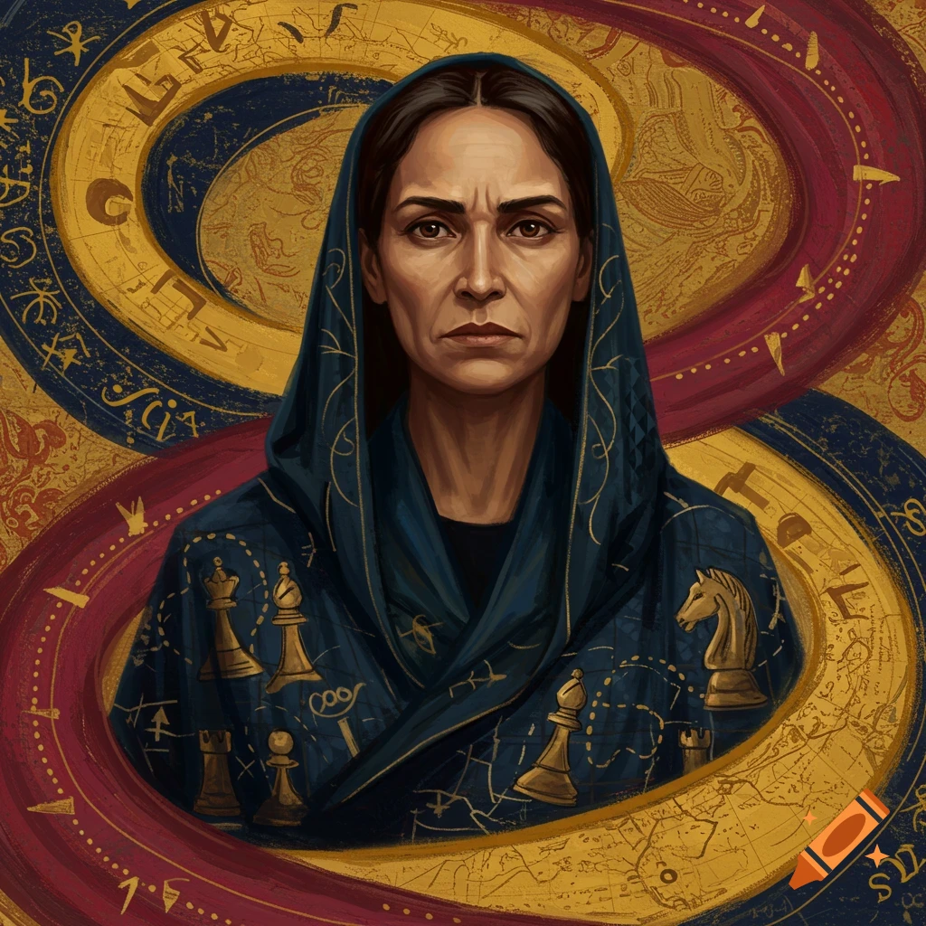 Portrait of a woman with a hooded garment featuring chess pieces, against a background of maps and symbols.