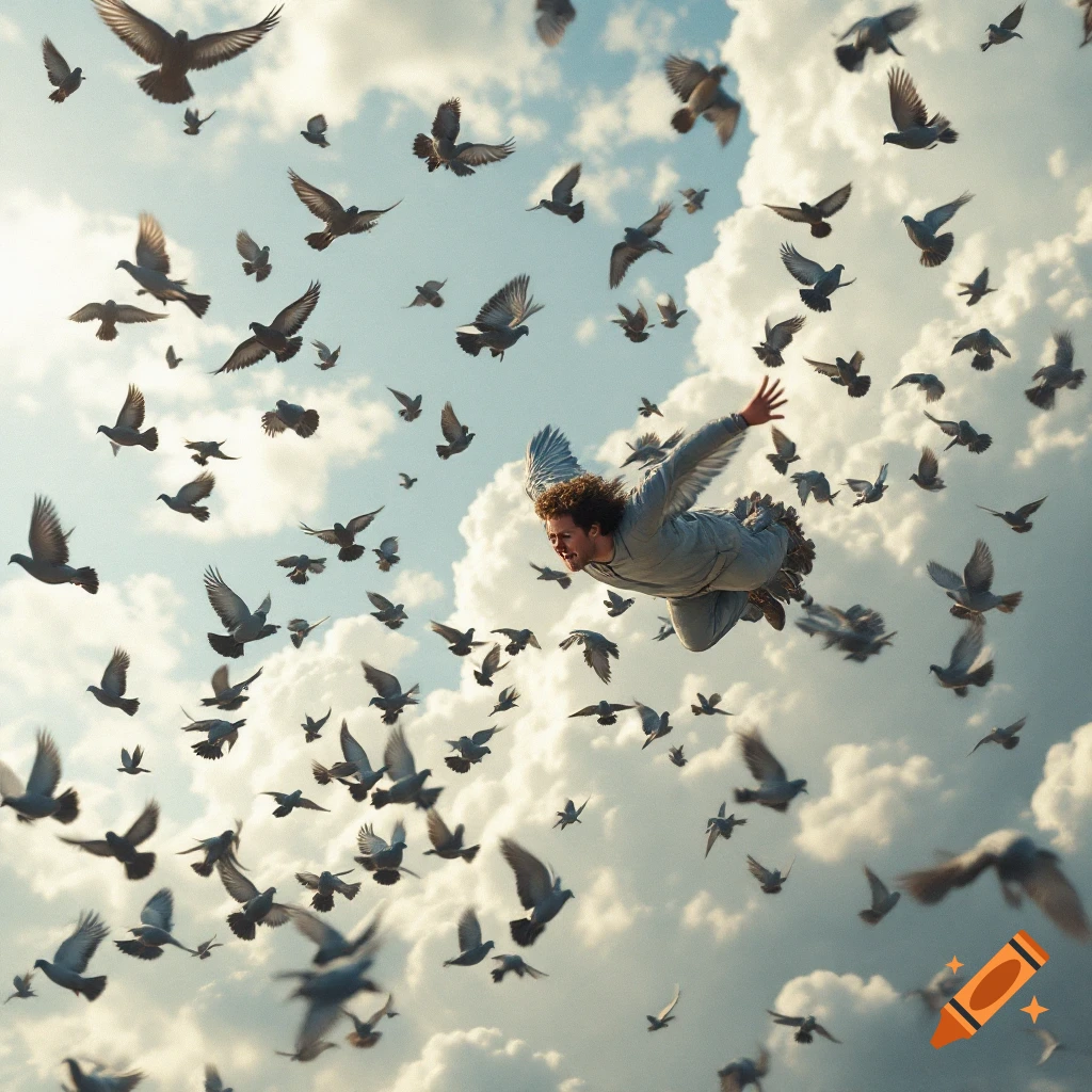 Person flying among a flock of pigeons in a cloudy sky, realistic photo