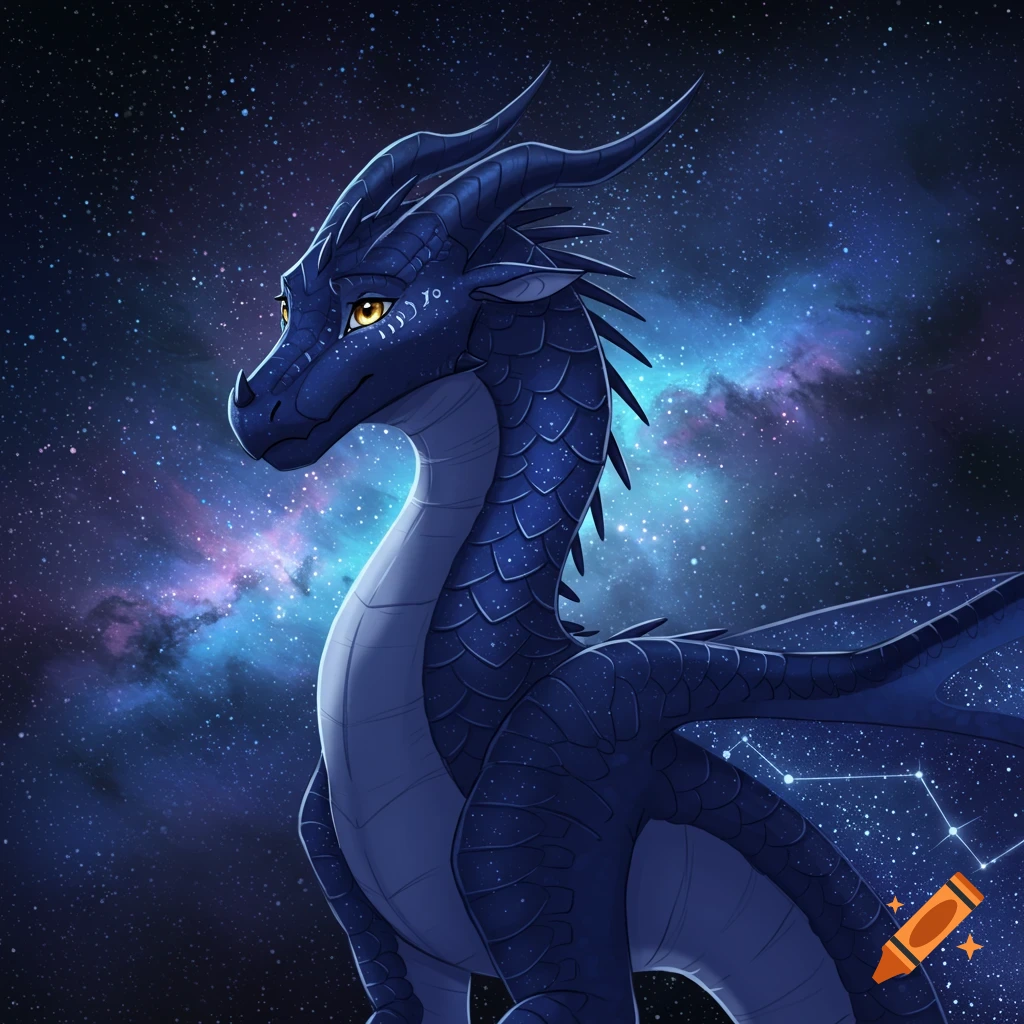 A blue dragon against a starry space background.